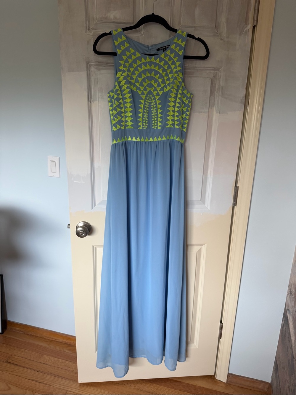 Sleeveless Light Blue Gianni Bini Maxi Dress with Neon Lime Geometric Bodice